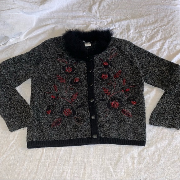 Witchy Core Wool Blend Button Cardigan Faux Fur Neckline VTG Size M - Picture 12 of 16